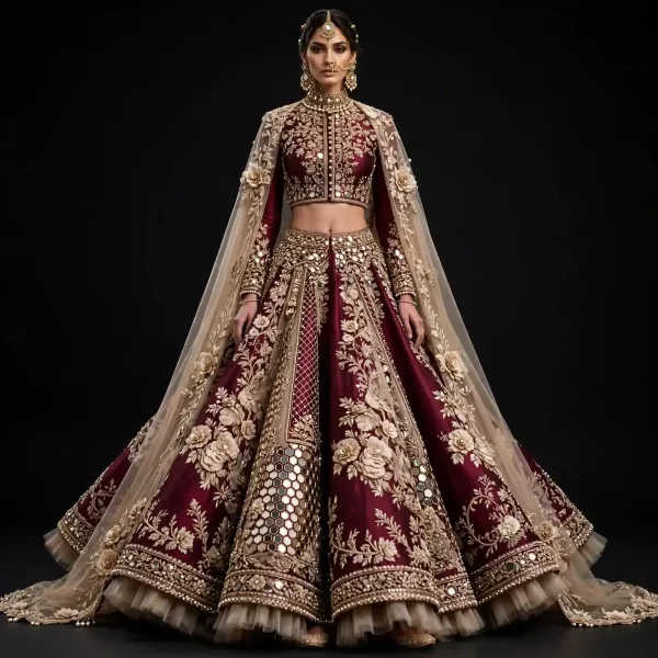 Burgundy Mirror Floral ExpensiveE Burgundy Maroon Gold Mirror Work Heavy Bridal Lehenga with Floral Tulle Frill