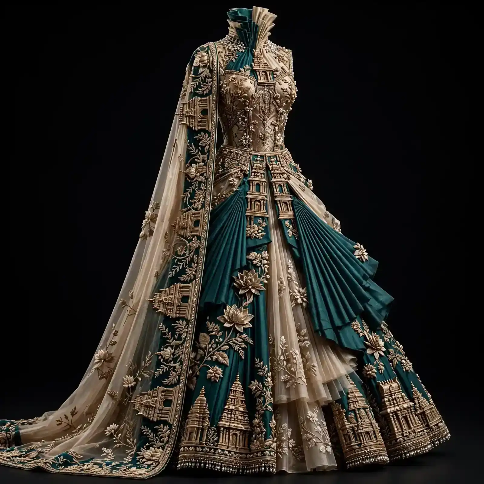 Teal Temple Pleated ExpensiveE Teal Gold Lotus Temple Pleated Fan Saree Draped Heavy Bridal Lehenga