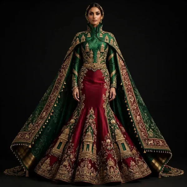Emerald Temple Crown ExpensiveE Emerald Green Burgundy Red Gold Temple Gopuram Mermaid Lehenga with Cape