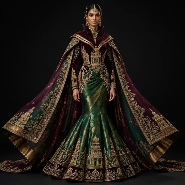 Velvet Temple Mermaid ExpensiveE Burgundy Emerald Gold Temple Gopuram Sculpture Mermaid Lehenga with Cape