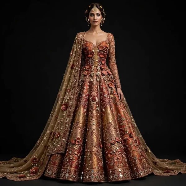 Sunset Poppy ExpensiveE Rust Gold 3D Poppy Floral Mirror Lehenga with Cape Dupatta