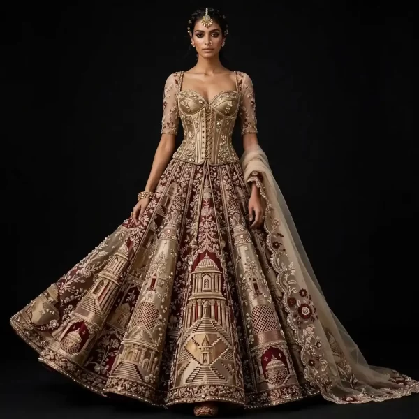 ExpensiveE  Champagne Burgundy Temple Palace Corset Lehenga with Gold Temple Gopuram Panels and Floral Vine Dupatta and Scalloped Train