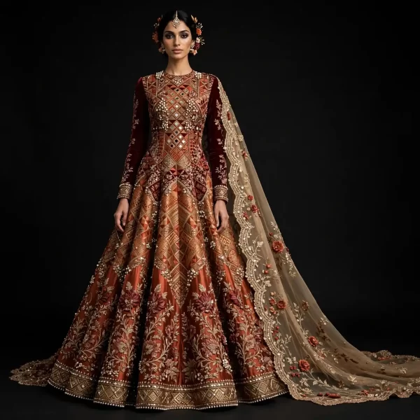 ExpensiveE  Burnt Orange Burgundy Mirror Mosaic Anarkali Lehenga with Diamond Lattice Bodice and Pearl Scalloped Border and Floral Dupatta