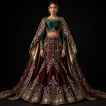 ExpensiveE  Emerald Green Burgundy Gold Mermaid Cape Lehenga with Temple Tower and Diamond Lattice and Tassel Cape and Lotus Border