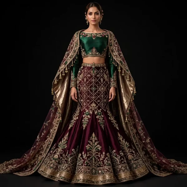 ExpensiveE  Emerald Green Burgundy Gold Mermaid Cape Lehenga with Temple Tower and Diamond Lattice and Tassel Cape and Lotus Border