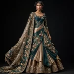 ExpensiveE  Teal Champagne Gold Saree Lehenga with Pleated Drape and Gold Lotus 3D and Temple Tower Cape Border and Tassel Fringe