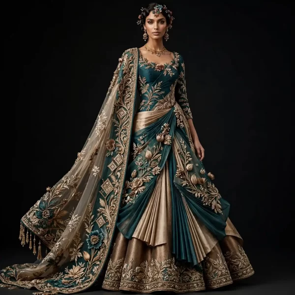 ExpensiveE  Teal Champagne Gold Saree Lehenga with Pleated Drape and Gold Lotus 3D and Temple Tower Cape Border and Tassel Fringe
