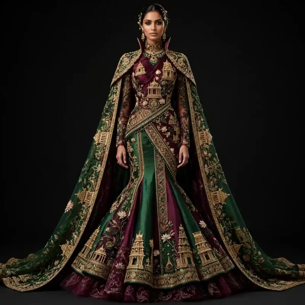 ExpensiveE  Burgundy Emerald Green Temple Palace Saree Lehenga with High Collar Lotus and Temple Tower Cape and Gold Lotus Border