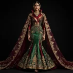 ExpensiveE  Burgundy Emerald Green Mermaid Temple Cape Lehenga with High Collar Lotus and Temple Tower Border and Gold Floral Cape
