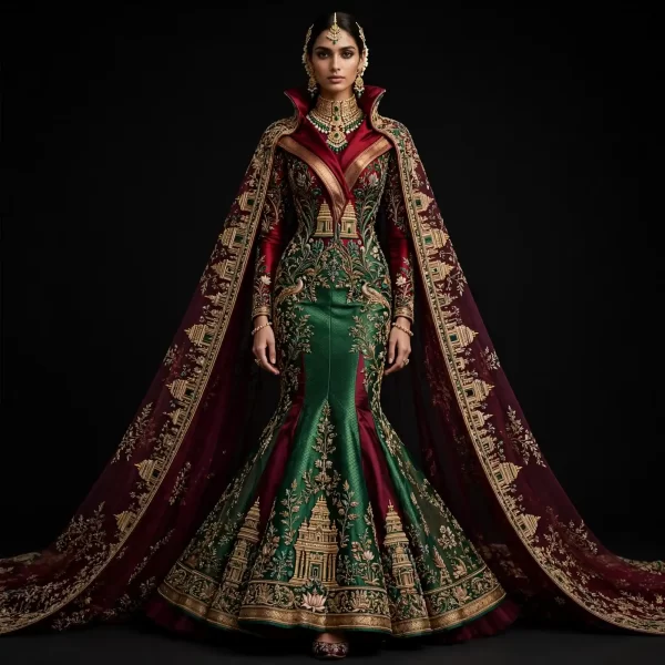 ExpensiveE  Burgundy Emerald Green Mermaid Temple Cape Lehenga with High Collar Lotus and Temple Tower Border and Gold Floral Cape