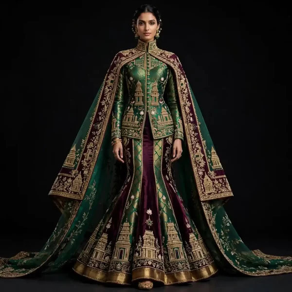 ExpensiveE  Emerald Green Burgundy Gold Temple Saree Lehenga with High Collar and Peplum Jacket and Temple Tower Cape