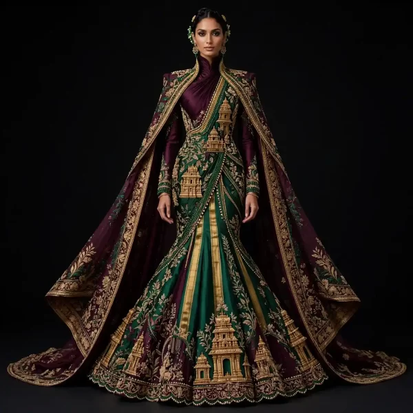 ExpensiveE  Burgundy Emerald Green Temple Palace Saree Lehenga with High Collar and 3D Temple Tower and Pearl Beaded Cape and Lotus Border