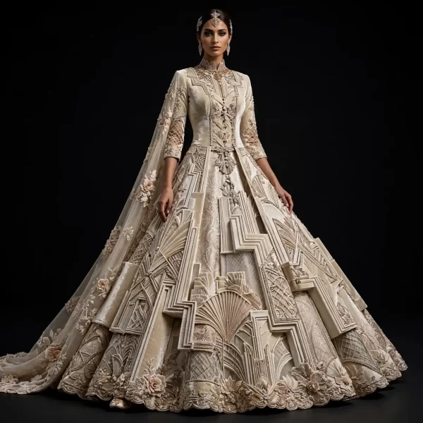 ExpensiveE  Ivory Champagne Gold Art Deco Origami Lehenga with High Collar and Geometric Fan Panels and Floral Cape and 3D Rosettes