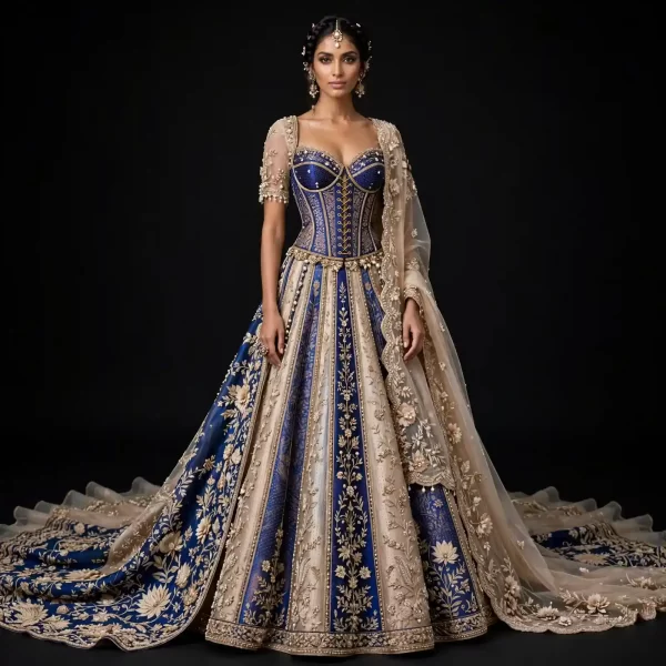 ExpensiveE  Royal Blue Champagne Gold Corset Lehenga with Pearl Kamarbandh and Temple Lotus Panels and Floral Scalloped Dupatta and Train
