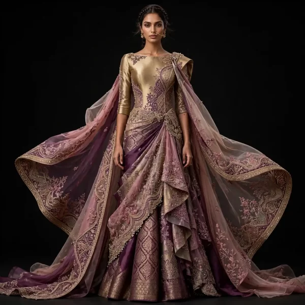 Plum Purple Gold Temple Architecture ExpensiveE Banarasi Draped Saree Lehenga with Cape