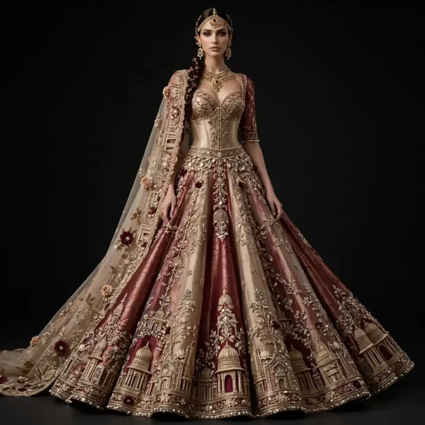 Burgundy Maroon Ivory Gold Temple Palace Dome ExpensiveE Heavy Work Bridal Lehenga with Floral Cape