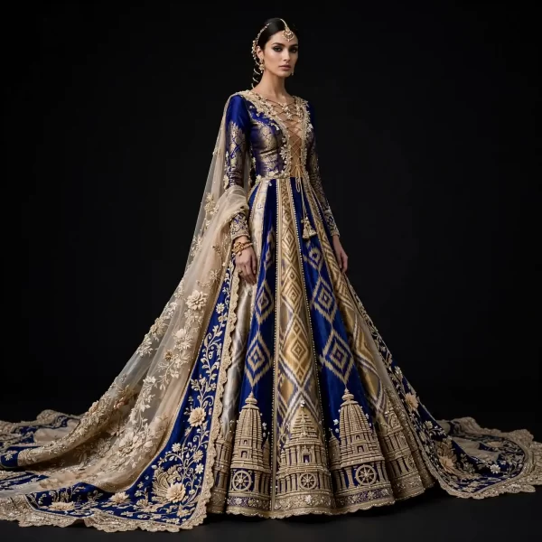 Royal Blue Gold Temple Konark Wheel ExpensiveE Ikat Patola Bridal Lehenga with Floral Dupatta