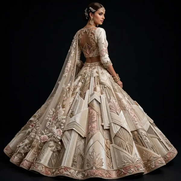 Ivory Blush Pink Gold Art Deco Origami ExpensiveE Structural Bridal Lehenga with 3D Pleated Architecture