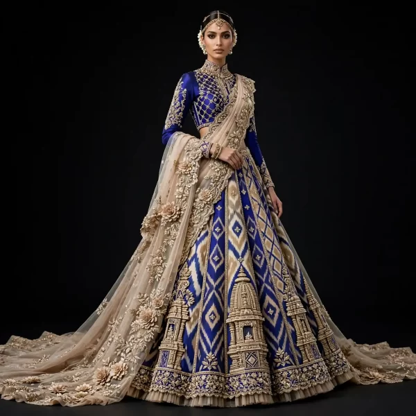 Royal Blue Gold Ikat Temple ExpensiveE Patola Bridal Lehenga with Heavy Floral Embroidered Dupatta
