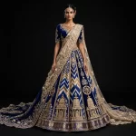 Midnight Blue Gold Temple Wheel ExpensiveE Chevron Ikat Bridal Lehenga with Floral Saree Drape
