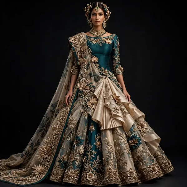Teal Green Gold Peacock Lotus ExpensiveE Ruffled Saree Lehenga with 3D Floral Embroidery and Pleated Pallu