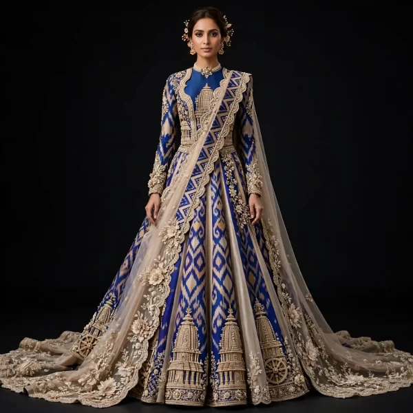 Royal Blue Gold Temple Chariot ExpensiveE Ikat Geometric Bridal Lehenga with Scalloped Dupatta