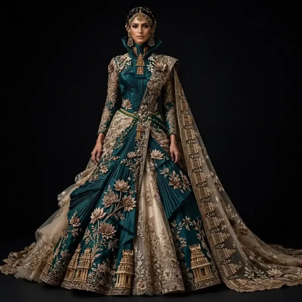 Teal Emerald Gold Lotus Temple ExpensiveE Draped Saree Lehenga with Temple Border Cape