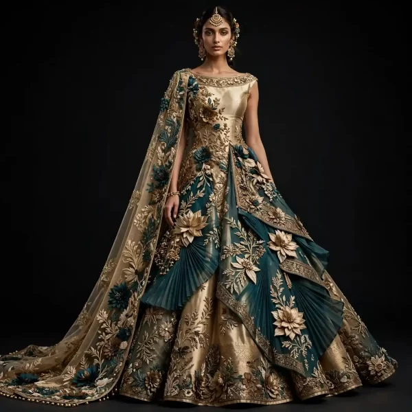 Champagne Gold Teal Lotus ExpensiveE 3D Floral Ruffled Bridal Lehenga with Pleated Fan Pallu and Cape