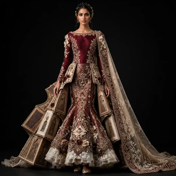 ExpensiveE Burgundy Maroon Ivory Gold Mughal Jharokha Temple Architecture Mermaid Lehenga Structural Peplum Cape Work 189