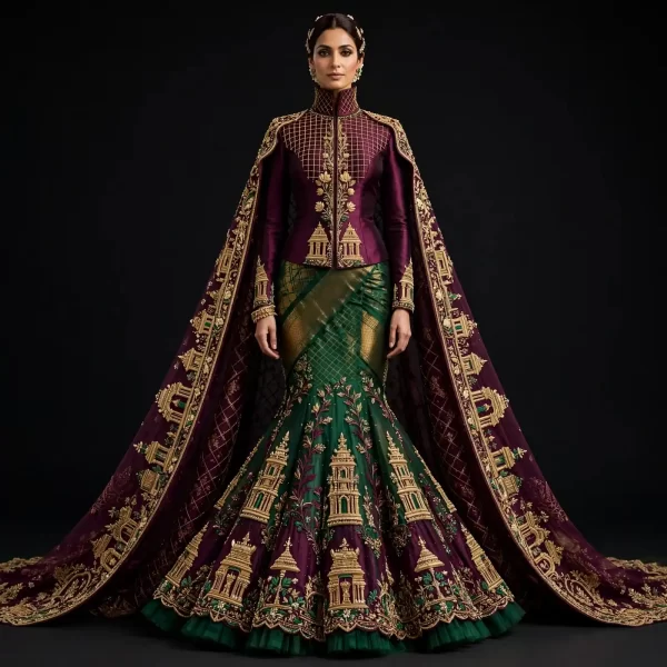 ExpensiveE Plum Purple Emerald Green Gold Temple Gopuram Mermaid Cape Lehenga Work 191