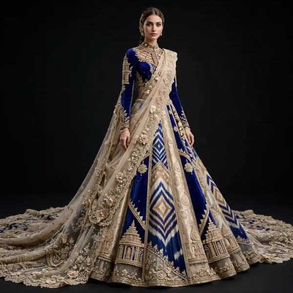 ExpensiveE Royal Blue Ivory Beige Ikat Diamond Temple Lehenga Saree Dupatta Drape Work 192