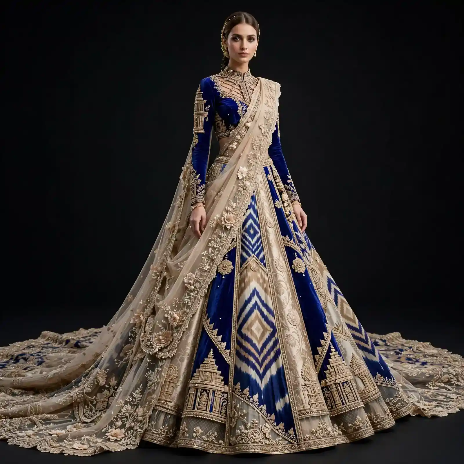 ExpensiveE Royal Blue Ivory Beige Ikat Diamond Temple Lehenga Saree Dupatta Drape Work 192