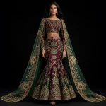 ExpensiveE Burgundy Wine Emerald Green Star Mosaic Mermaid Lehenga Green Cape Work 193