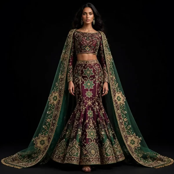 ExpensiveE Burgundy Wine Emerald Green Star Mosaic Mermaid Lehenga Green Cape Work 193