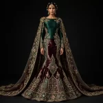 ExpensiveE Emerald Green Burgundy Velvet Mermaid Cape Lehenga Diamond Lattice Jewel Brooch Work 194