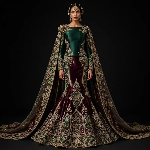 ExpensiveE Emerald Green Burgundy Velvet Mermaid Cape Lehenga Diamond Lattice Jewel Brooch Work 194