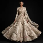 ExpensiveE Ivory Beige Gold Art Deco Geometric Layered Bridal Lehenga Floral Applique Work 196