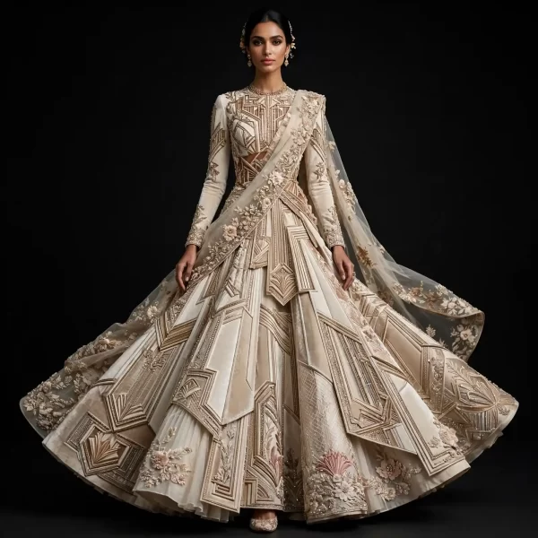 ExpensiveE Ivory Beige Gold Art Deco Geometric Layered Bridal Lehenga Floral Applique Work 196
