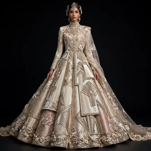 ExpensiveE Ivory Champagne Gold Art Deco Fan Geometric Layered Lehenga Floral Border Work 198