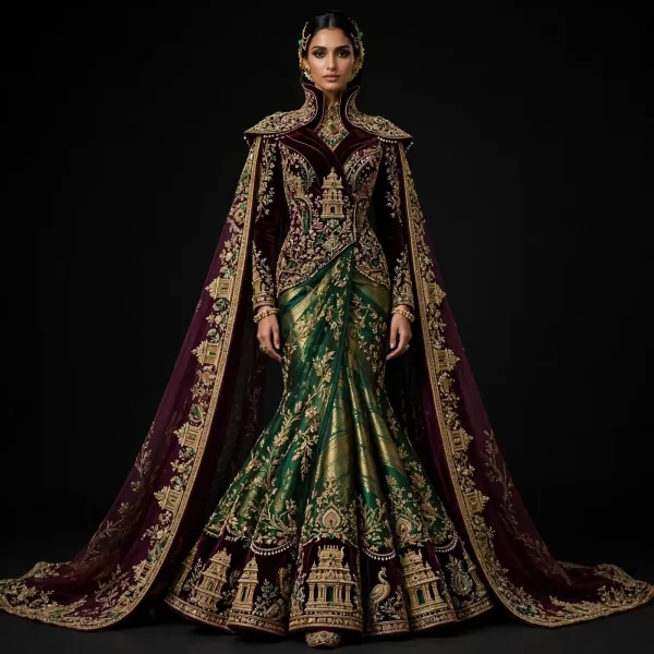 Velvet Gopuram Palace ExpensiveE Wine Burgundy Emerald Green Temple Palace Saree Drape Lehenga with Cape and Temple Architecture
