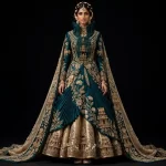 Teal Temple Gold ExpensiveE Teal Blue Gold Beige Temple Palace Lotus Pleated Saree Drape Lehenga with Temple Sculpture