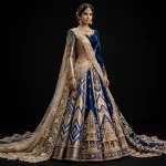 Royal Blue Temple Ikat ExpensiveE Royal Blue Gold Beige Ikat Diamond Temple Palace Heavy Bridal Lehenga with Saree Drape