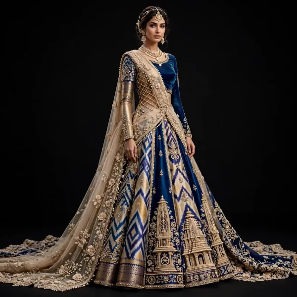Royal Blue Temple Ikat ExpensiveE Royal Blue Gold Beige Ikat Diamond Temple Palace Heavy Bridal Lehenga with Saree Drape