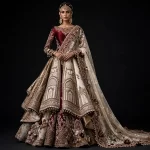 Ivory Mughal Dome ExpensiveE Ivory Beige Burgundy Gold Mughal Palace Dome Architecture Heavy Bridal Lehenga with Layered Ruffle