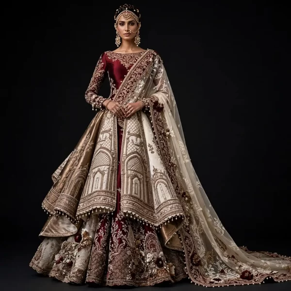 Ivory Mughal Dome ExpensiveE Ivory Beige Burgundy Gold Mughal Palace Dome Architecture Heavy Bridal Lehenga with Layered Ruffle