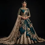 Peacock Teal Expensive Emerald Gold Lotus Ruffle Lehenga with 3D Floral Embroidery