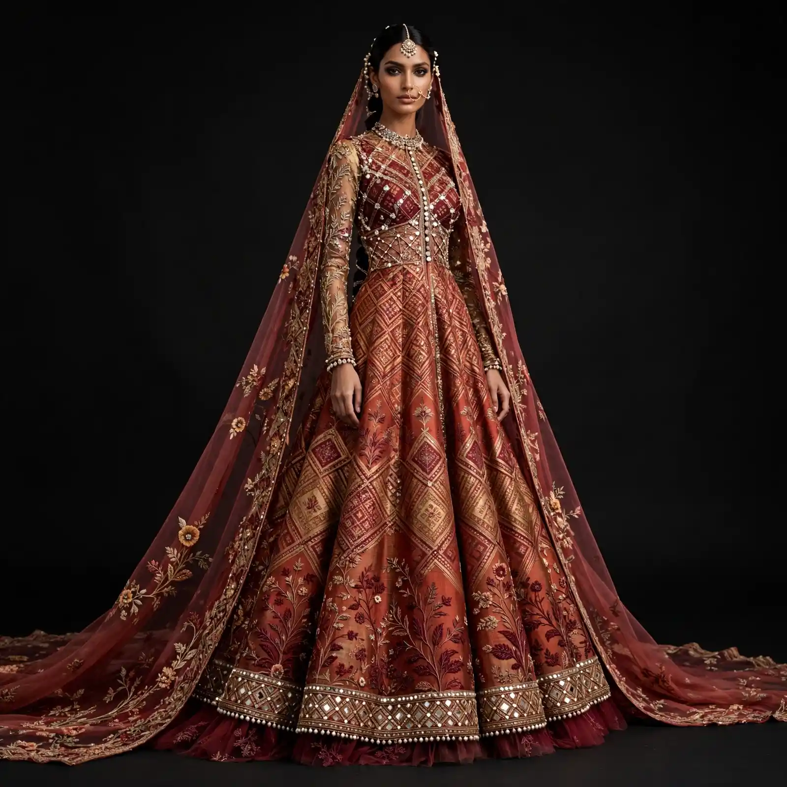 Banarasi Bandhani Expensive Rust Maroon Gold Diamond Lattice Lehenga with Pearl Veil Dupatta