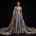 ExpensiveE  Royal Blue Champagne Gold Corset Lehenga with Pearl Button and Wave Panels and Floral Saree Drape and Scalloped Circular Train