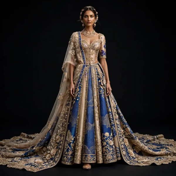 ExpensiveE  Royal Blue Champagne Gold Corset Lehenga with Pearl Button and Wave Panels and Floral Saree Drape and Scalloped Circular Train