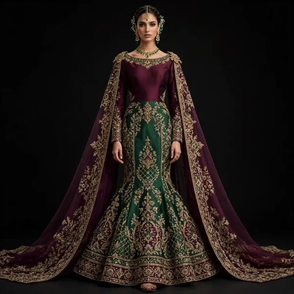 ExpensiveE  Burgundy Emerald Green Mermaid Cape Lehenga with High Collar and Temple Gopuram and Gold Brocade Cape and Lotus Border
